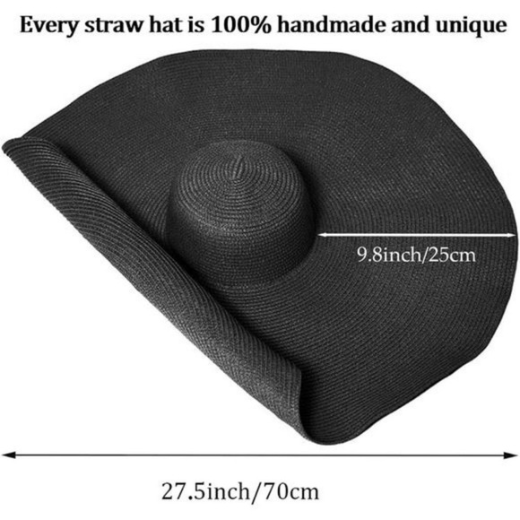 Black Straw Hat Trendy Wide Brim Floppy Large Oversized Visor Hat Cap Beach - Picture 5 of 6